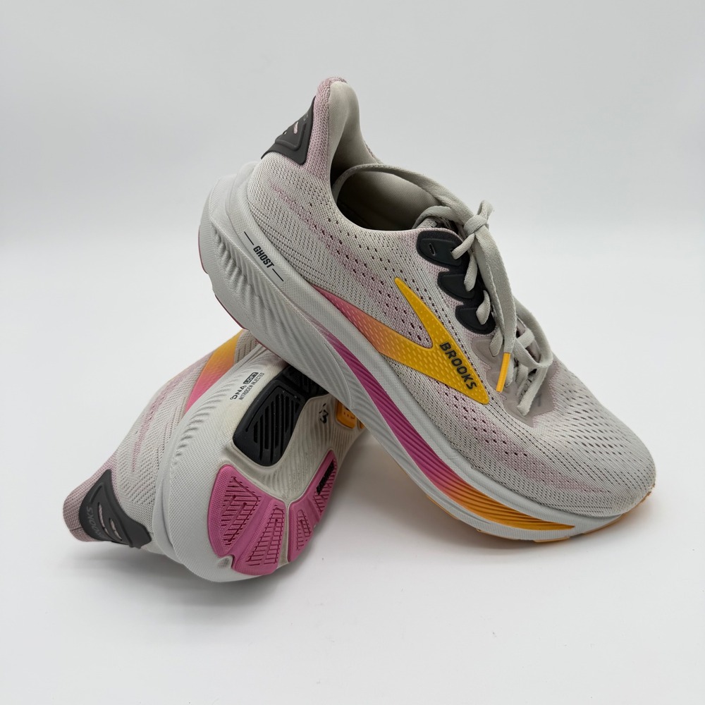 Brooks Ghost Max Gray Pink Orange Running Shoes Womens 10.5 Mens 9 Low Top